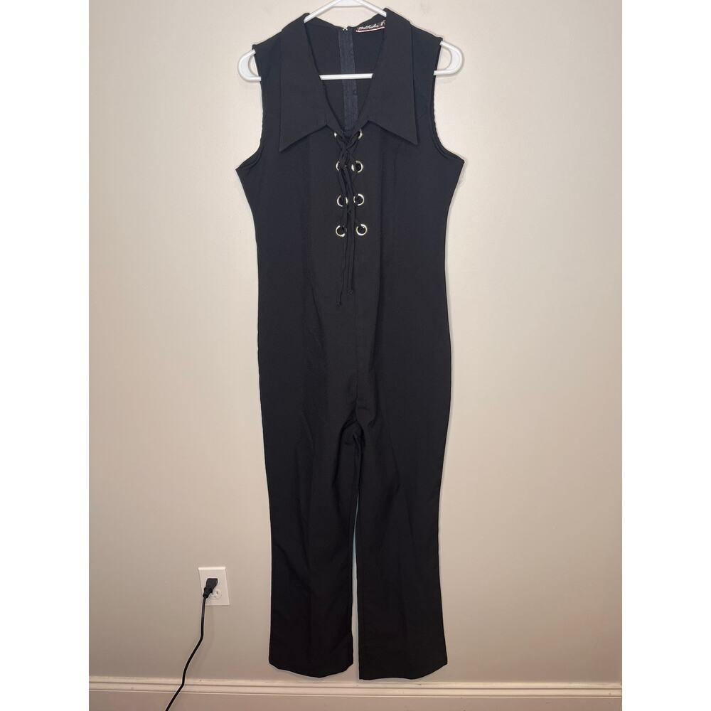 1990s Nathalie B Black Silver Dagger Collar Disco Front Tie Jumpsuit M